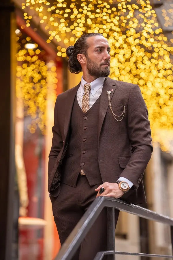 Brabion Lance Brown Slim Fit Notch Lapel 3 Piece Suit for Men brabion