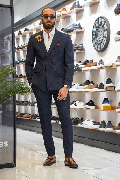 Brabion Lance Dark Blue Slim Fit Pinstripe Double Breasted Suit brabion