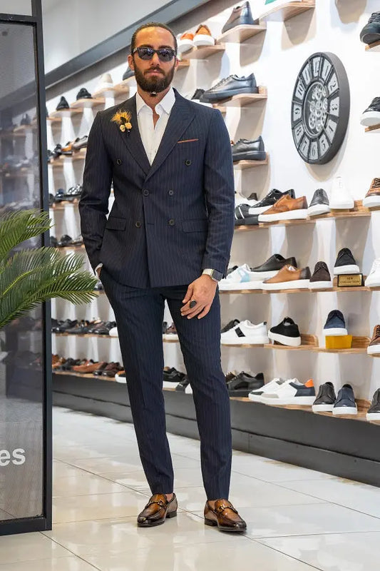 Brabion Lance Dark Blue Slim Fit Pinstripe Double Breasted Suit brabion