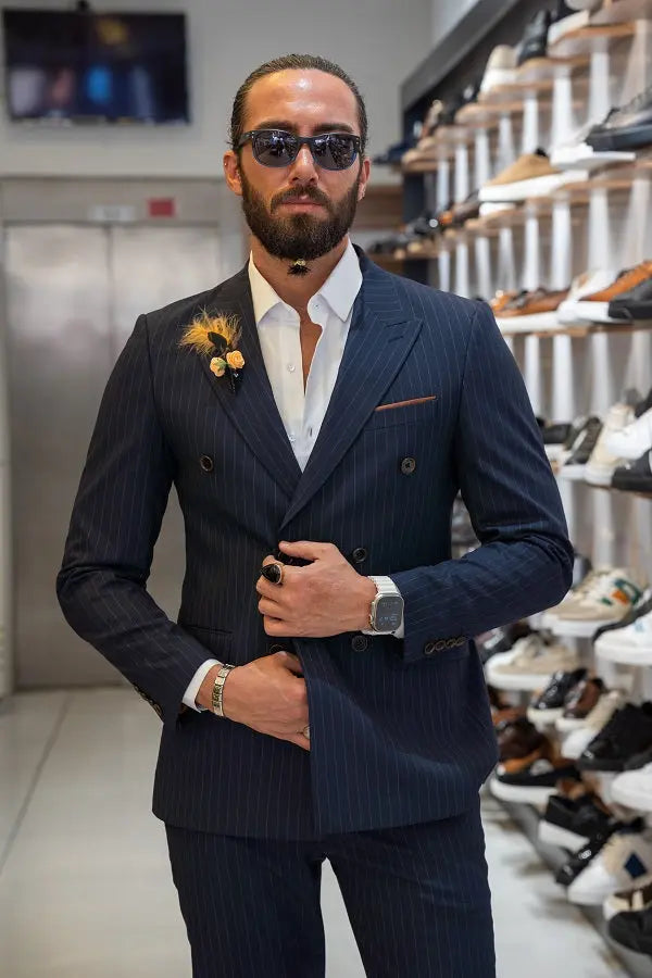 Brabion Lance Dark Blue Slim Fit Pinstripe Double Breasted Suit brabion
