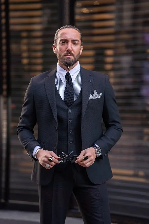 Brabion Lance Midnight Black Slim Fit Notch Lapel 3 Piece Suit brabion