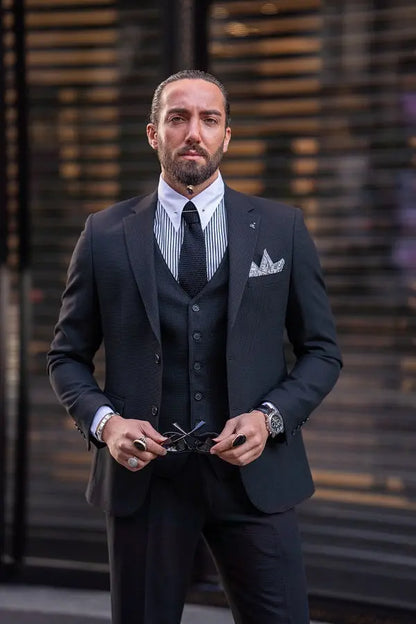 Brabion Lance Midnight Black Slim Fit Notch Lapel 3 Piece Suit brabion