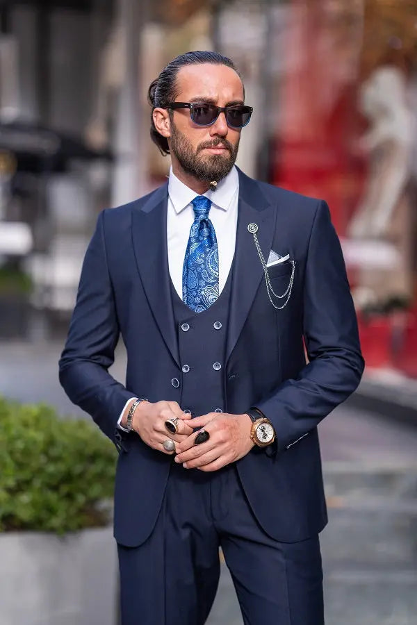 Brabion Lance Navy Blue Slim Fit Peak Lapel 3 Piece Suit brabion