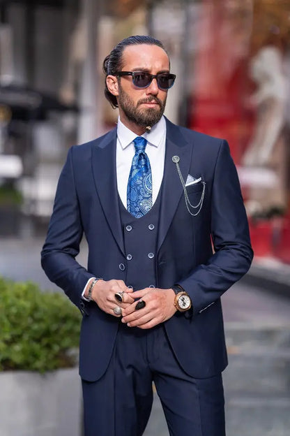 Brabion Lance Navy Blue Slim Fit Peak Lapel 3 Piece Suit brabion