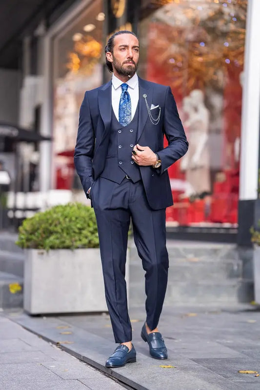 Brabion Lance Navy Blue Slim Fit Peak Lapel 3 Piece Suit brabion