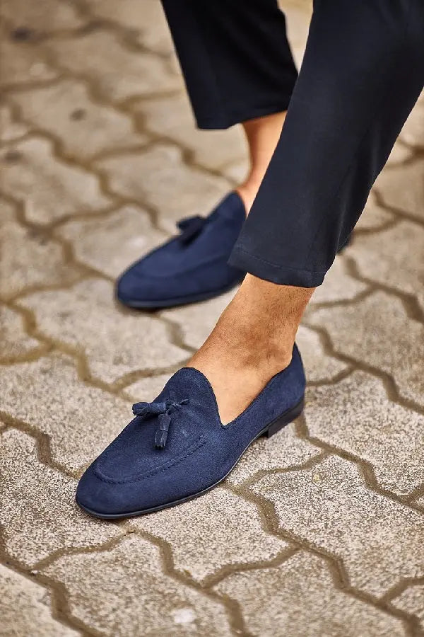 Brabion Levanzo Navy Blue Suede Tassel Loafers - BRABION