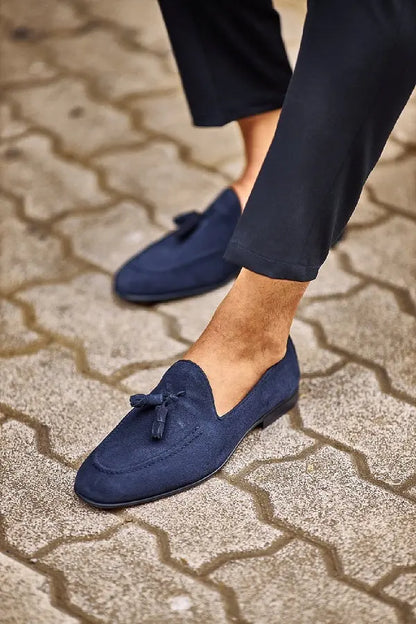 Brabion Levanzo Navy Blue Suede Tassel Loafers - BRABION