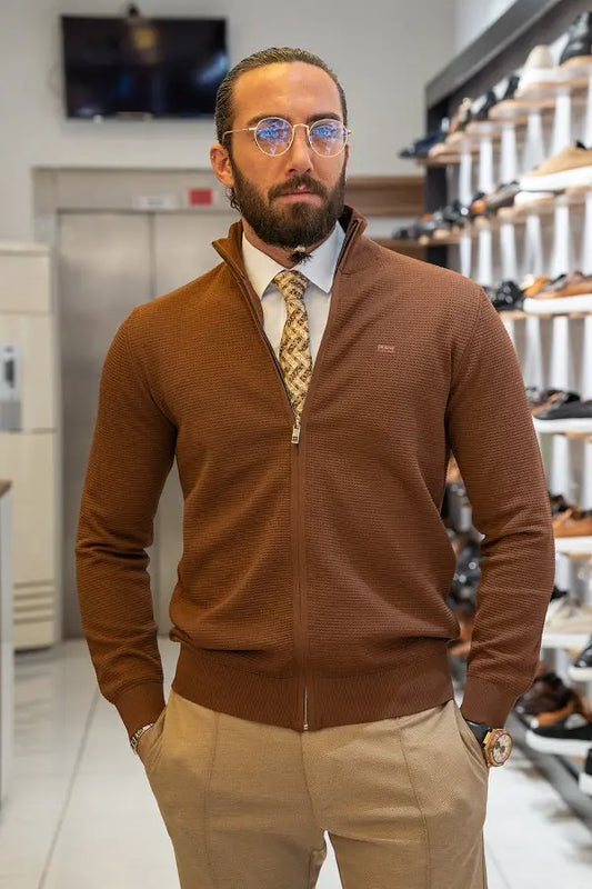 Brabion Lance Rust Brown Slim Fit Zipper Cardigan - BRABION
