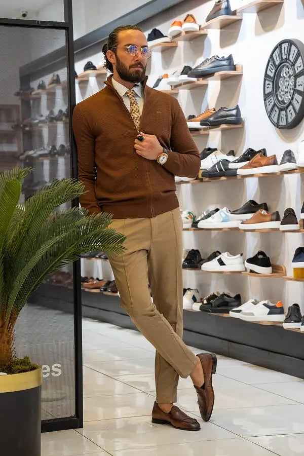 Brabion Lance Rust Brown Slim Fit Zipper Cardigan - BRABION