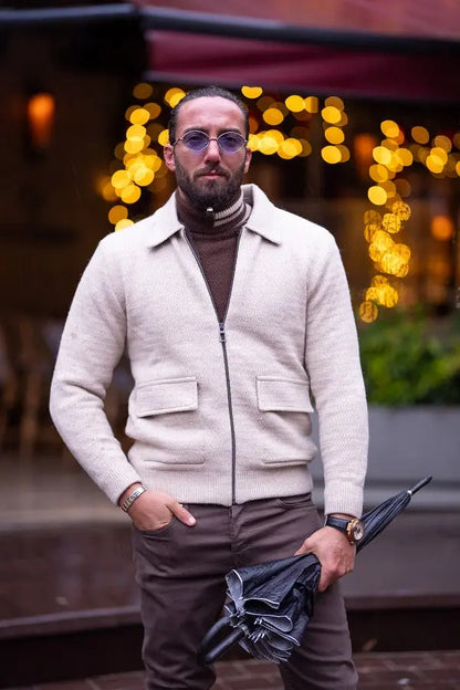Brabion Massimo Beige Slim Fit Double Pocket Zipper Cardigan - BRABION