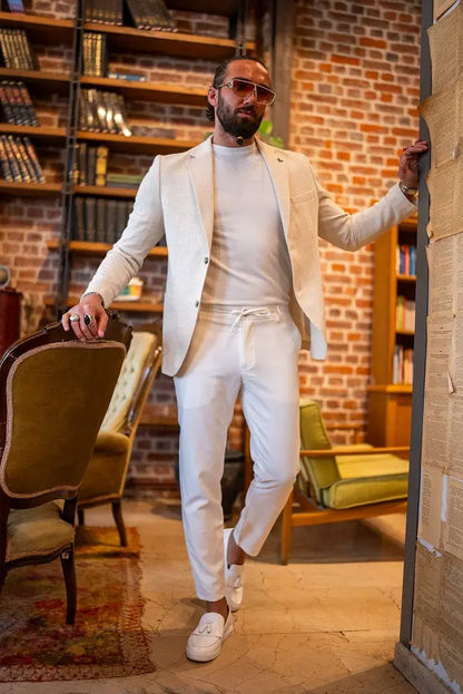 Brabion Massimo Beige Slim Fit Notch Lapel Striped Blazer - BRABION