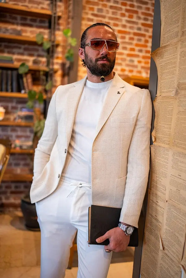 Brabion Massimo Beige Slim Fit Notch Lapel Striped Blazer - BRABION
