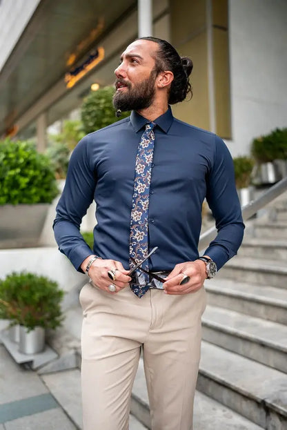 Brabion Massimo Navy Blue Slim Fit Cotton Formal Shirt - BRABION