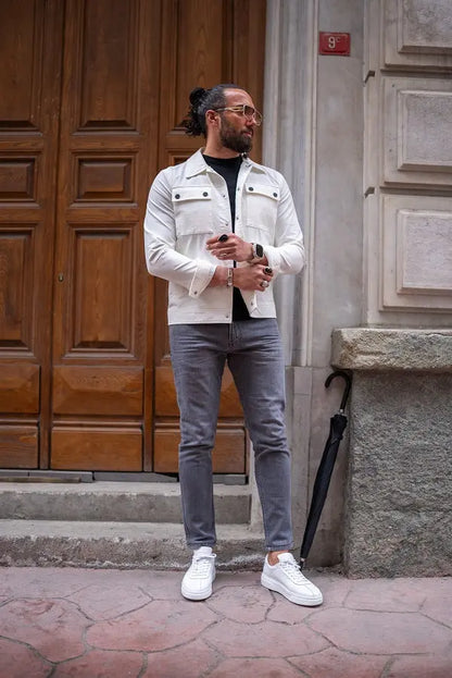 Brabion Massimo White Slim Fit Double Pocket Buttoned Coat - BRABION