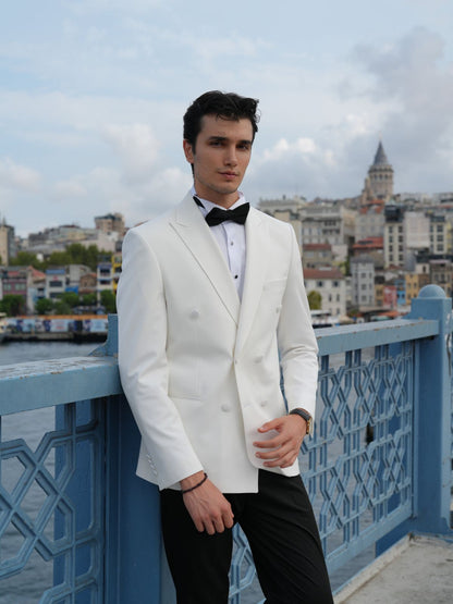 Italian Style White Double Breasted Tuxedo - Premium Slim Fit - BRABION