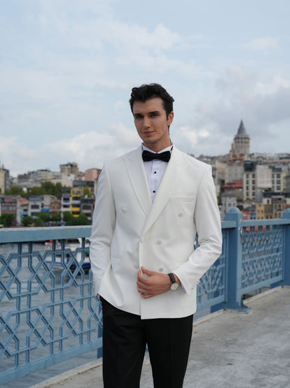Italian Style White Double Breasted Tuxedo - Premium Slim Fit - BRABION