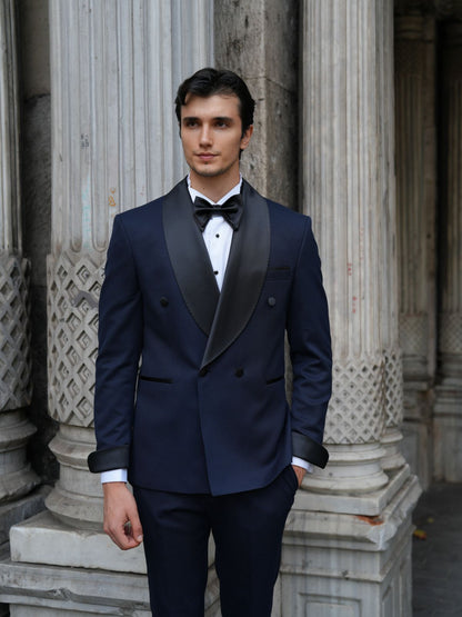 Navy Blue Double Breasted Tuxedo Set - BRABION