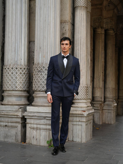 Navy Blue Double Breasted Tuxedo Set - BRABION