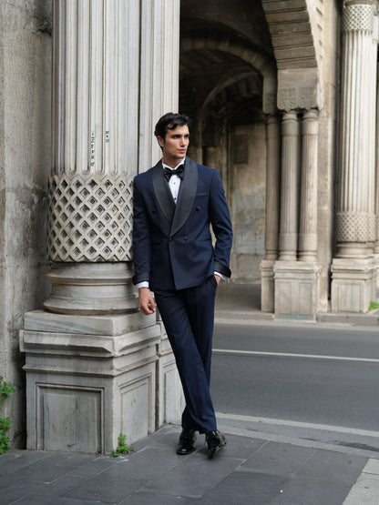 Navy Blue Double Breasted Tuxedo Set - BRABION