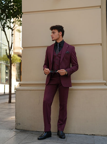 Claret Red Italian Suit - 3-Piece Slim Fit - BRABION