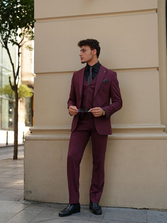 Claret Red Italian Suit - 3-Piece Slim Fit - BRABION