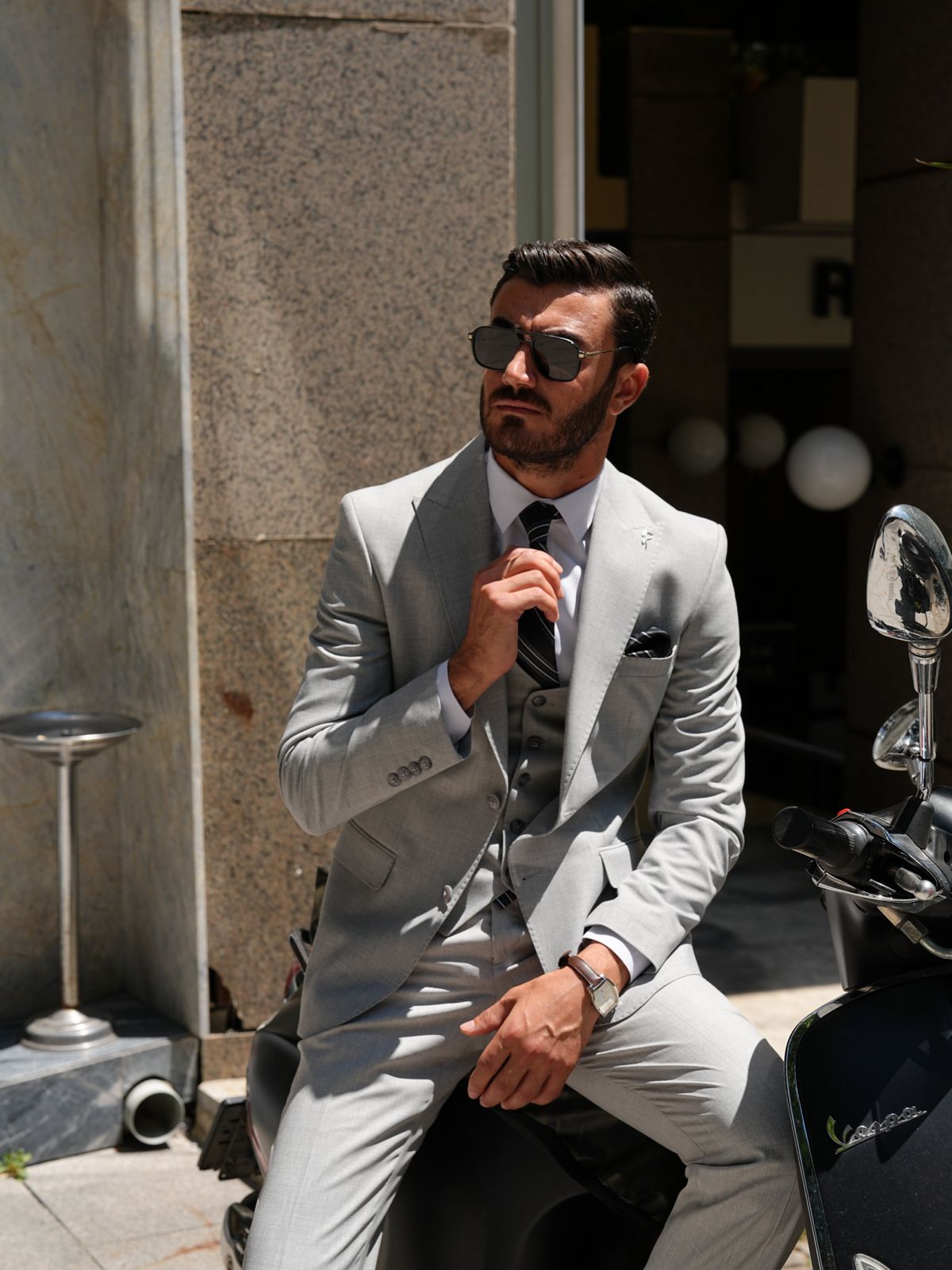 Light Gray 3 Piece Slim Fit Italian Style Suit - BRABION