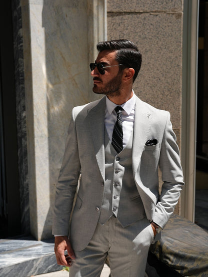 Light Gray 3 Piece Slim Fit Italian Style Suit - BRABION