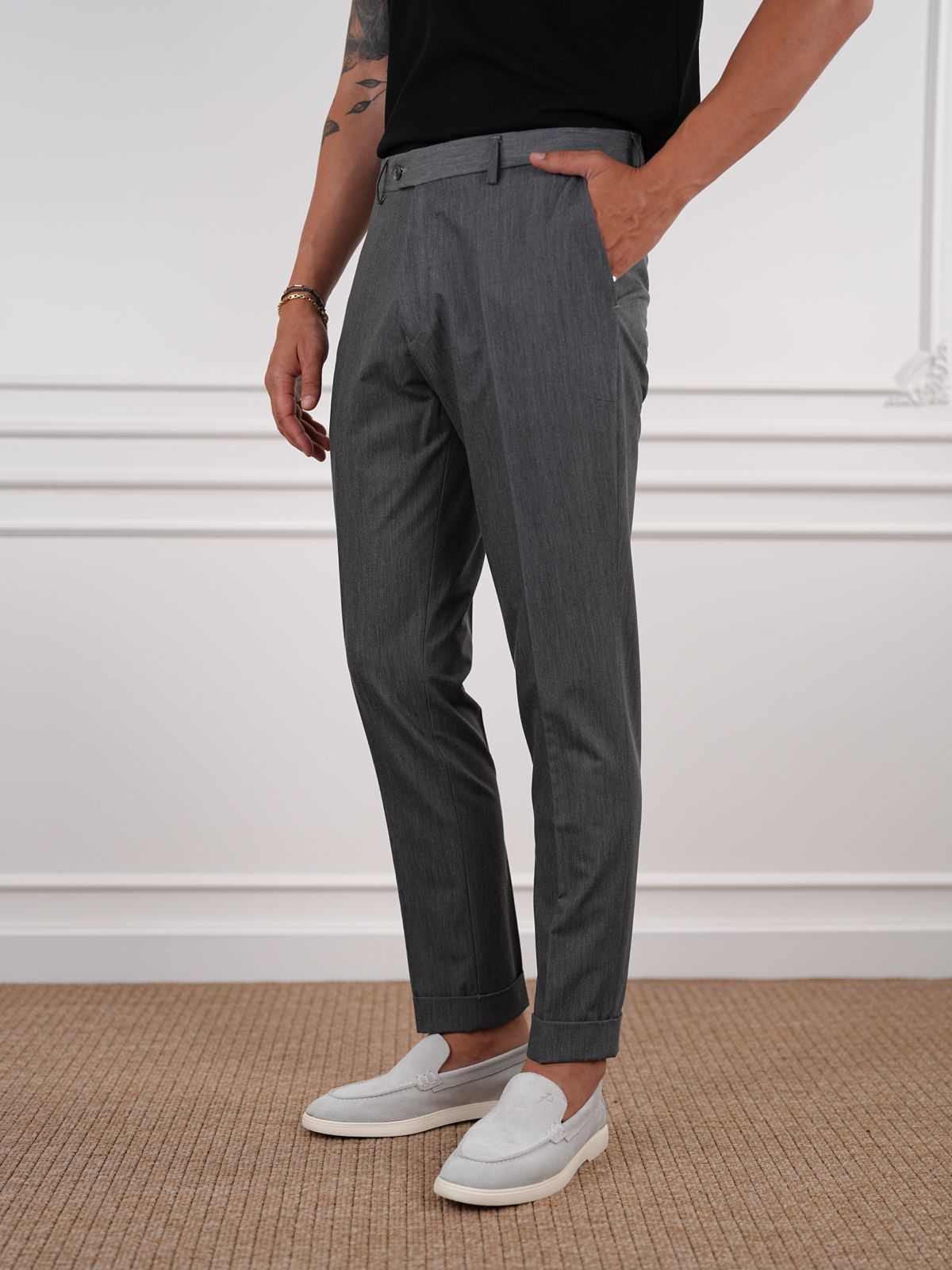 Smoked Gray Slim Fit High Waist Trousers - BRABION