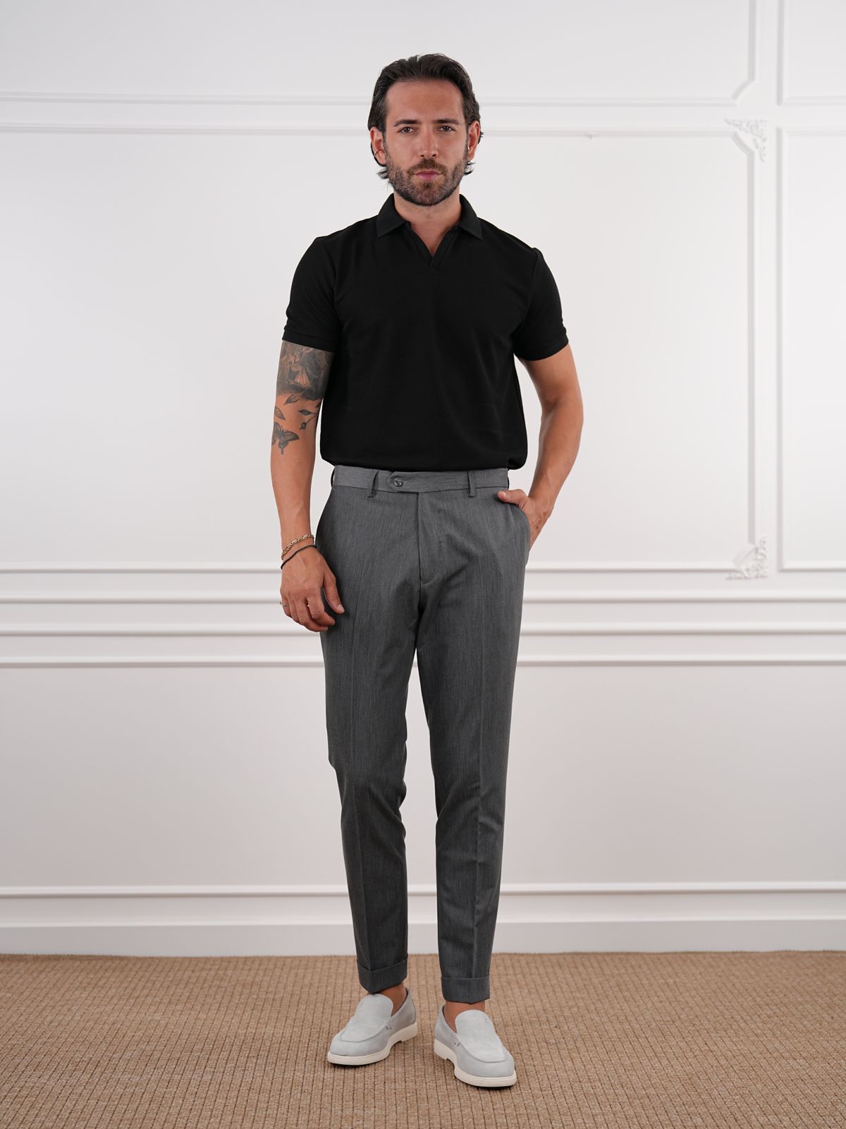 Smoked Gray Slim Fit High Waist Trousers - BRABION