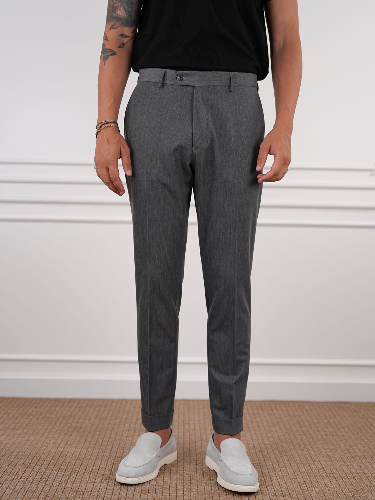 Smoked Gray Slim Fit High Waist Trousers - BRABION