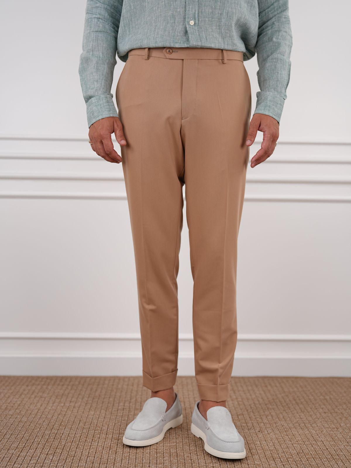 Cream Beige Slim Fit High Waist Trousers - BRABION