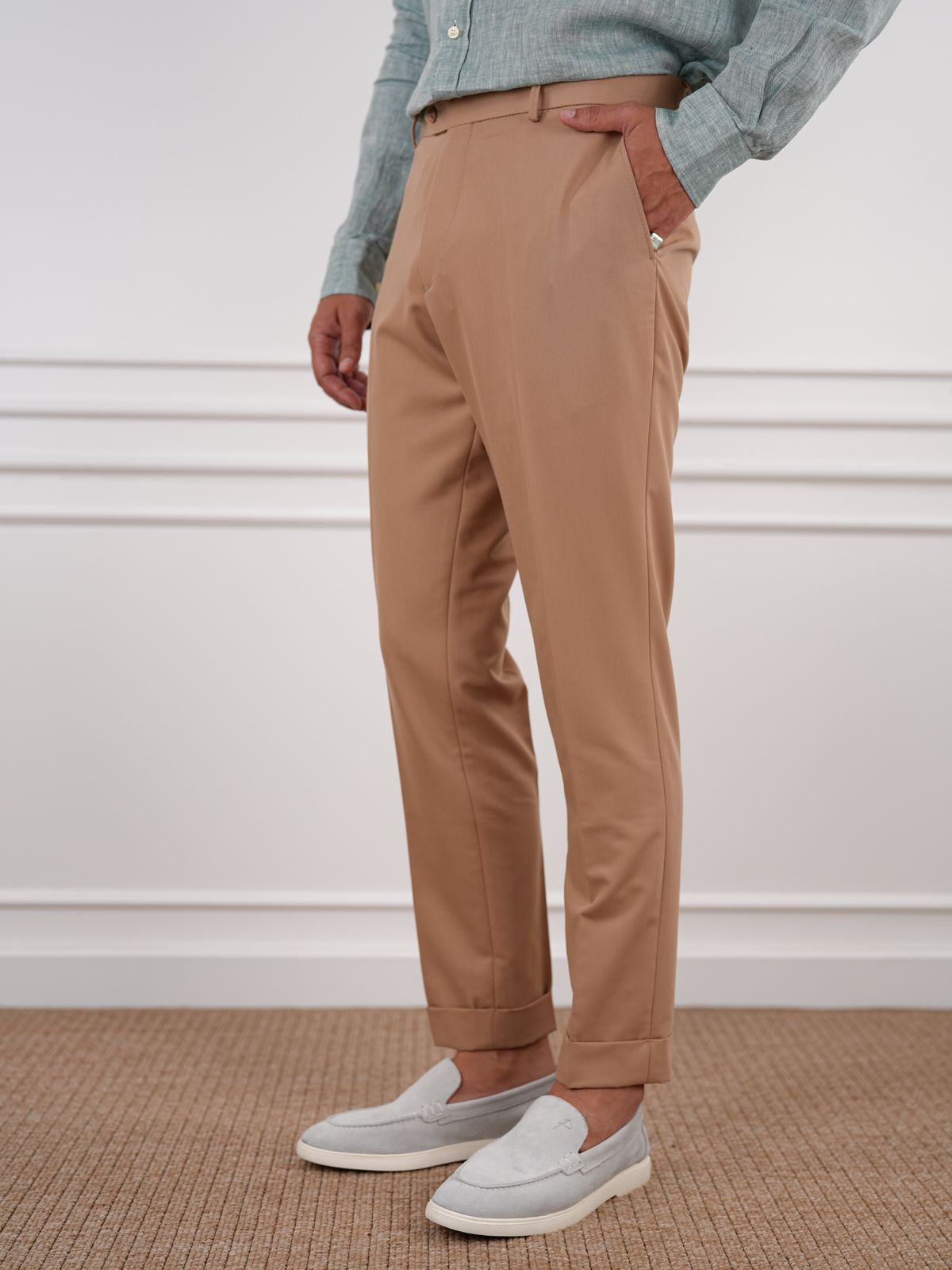 Cream Beige Slim Fit High Waist Trousers - BRABION