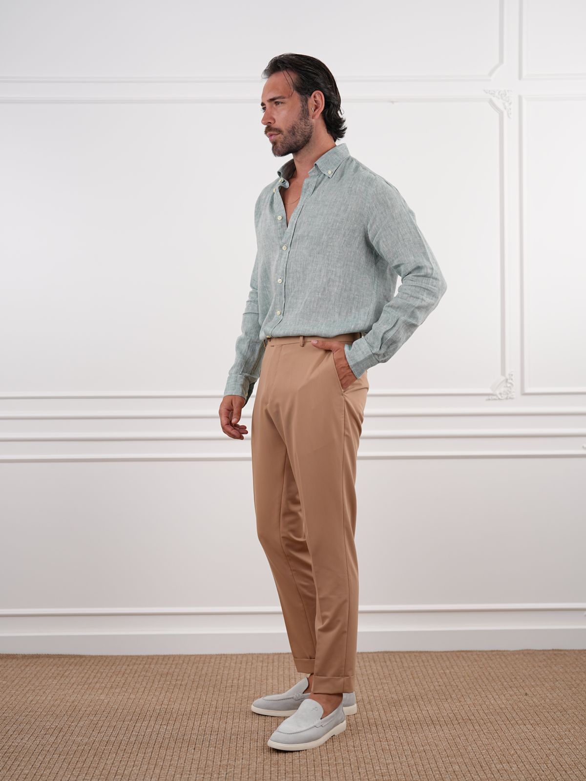 Cream Beige Slim Fit High Waist Trousers - BRABION