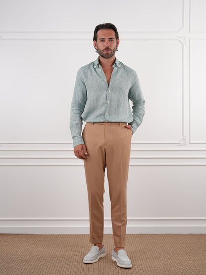 Cream Beige Slim Fit High Waist Trousers - BRABION