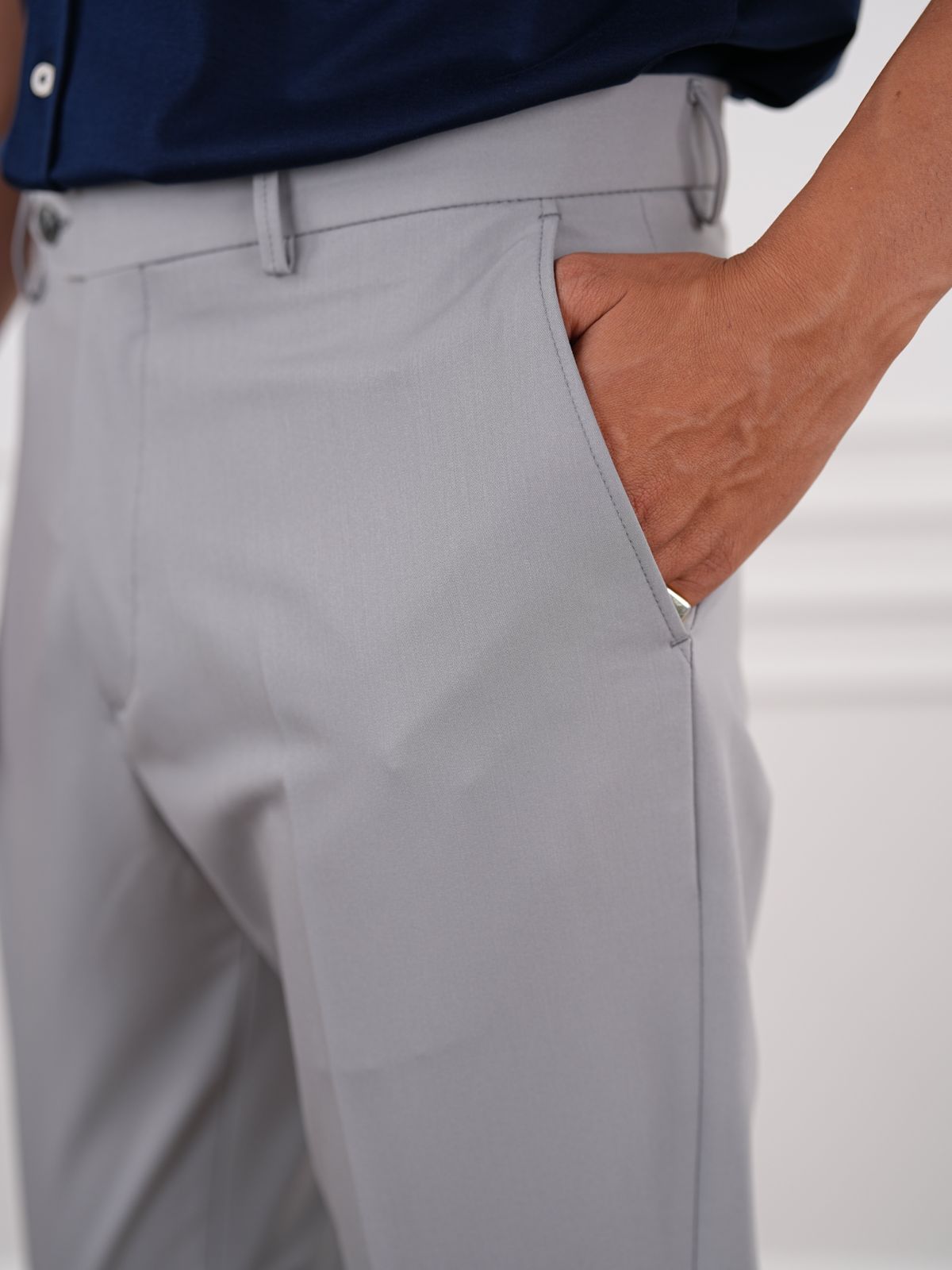 Gray Slim Fit High Waist Trousers - BRABION