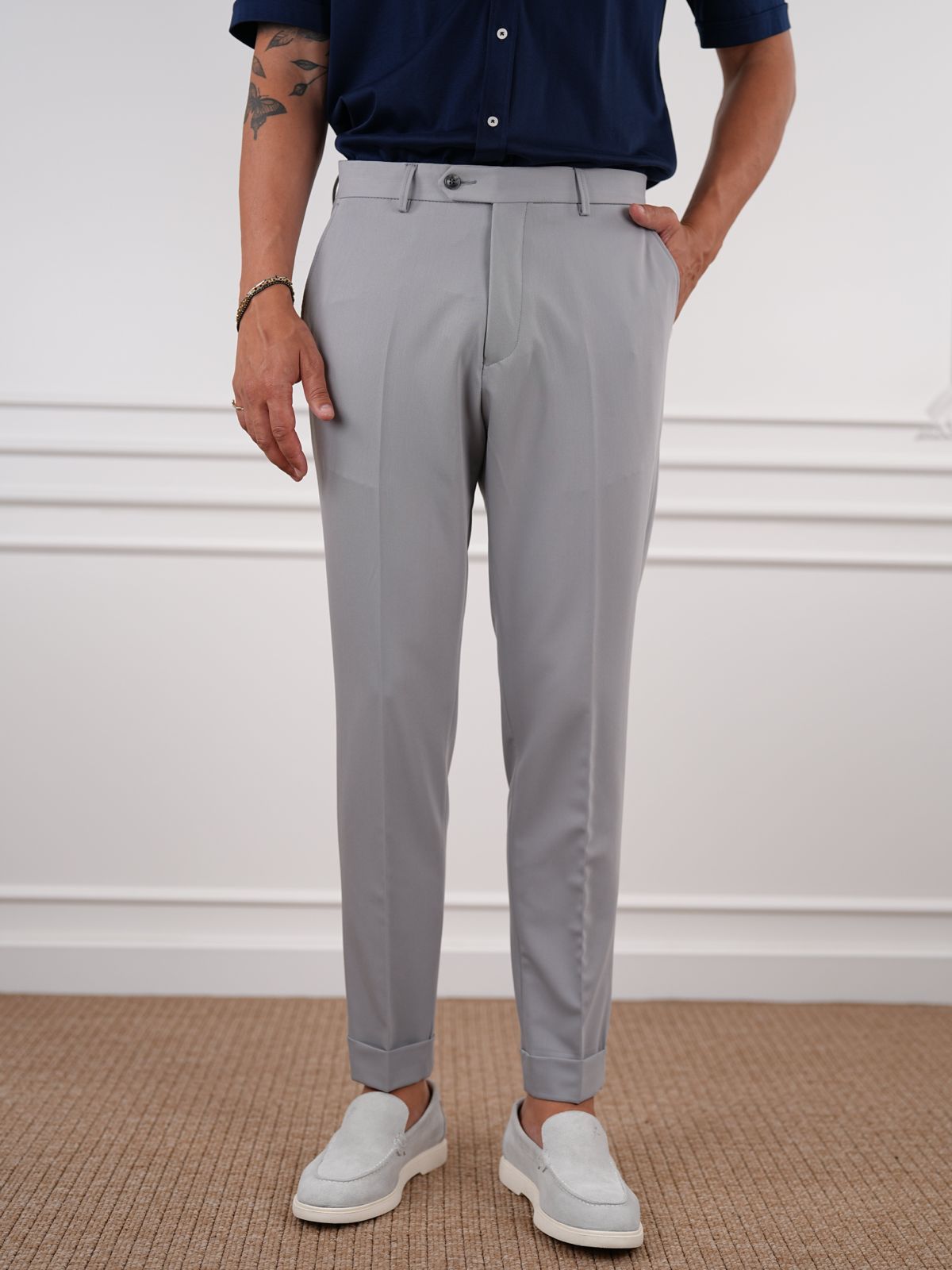 Gray Slim Fit High Waist Trousers - BRABION