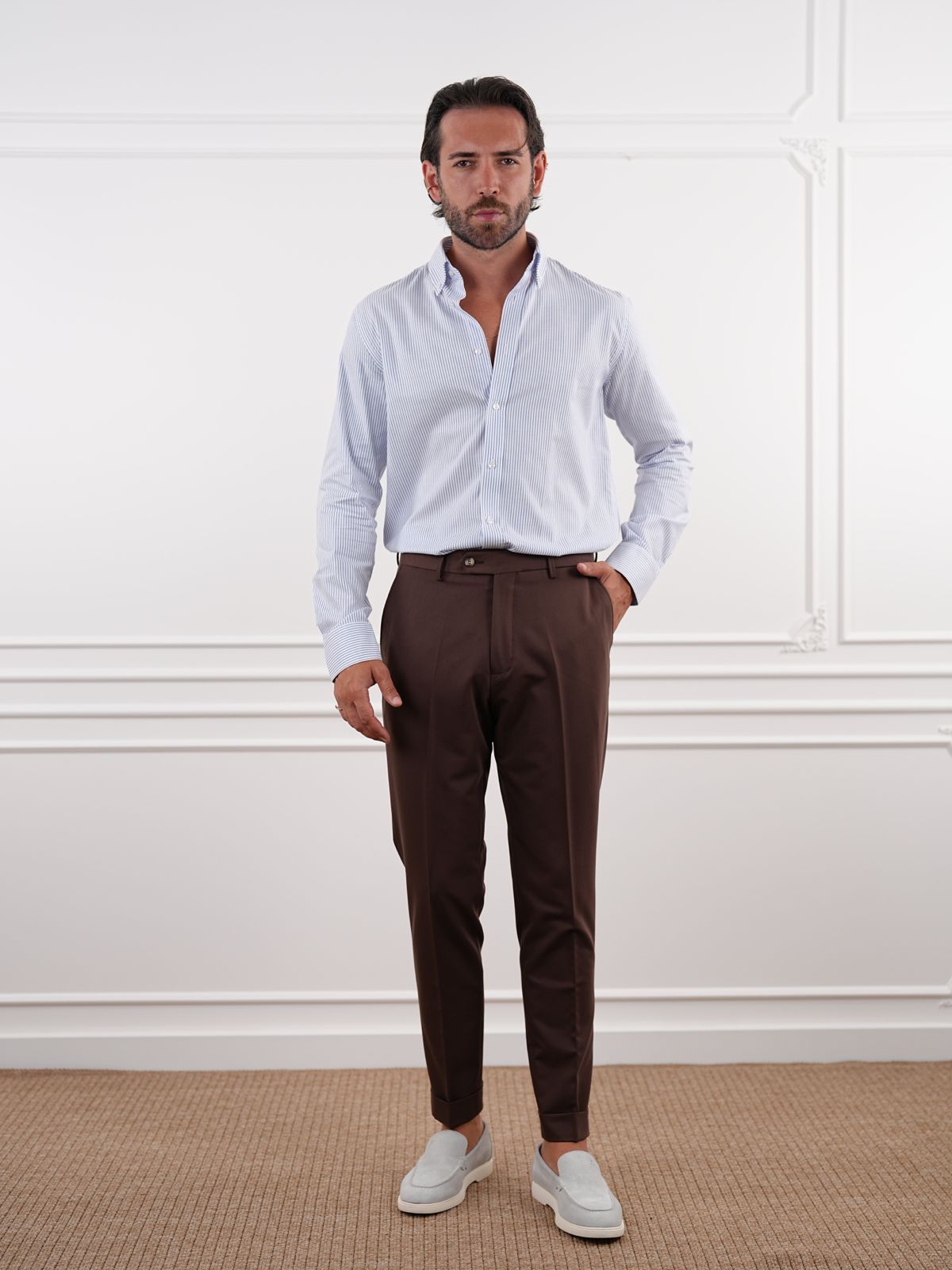 Brown Slim Fit High Waist Trousers - BRABION
