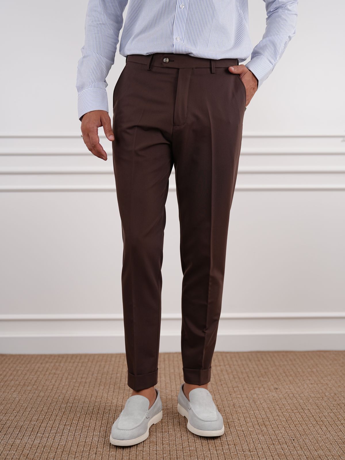Brown Slim Fit High Waist Trousers - BRABION