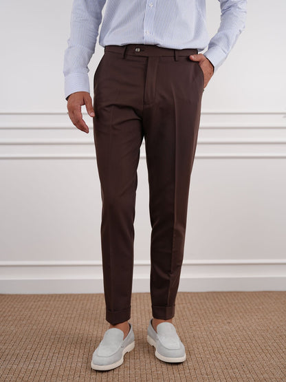 Brown Slim Fit High Waist Trousers - BRABION