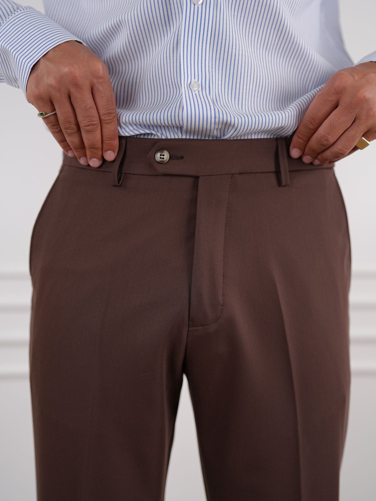 Brown Slim Fit High Waist Trousers - BRABION
