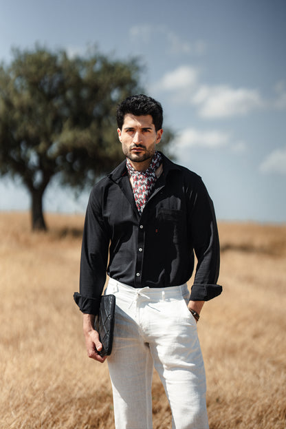 Mykonos Black Linen Button-Down Slim Fit Shirt - BRABION