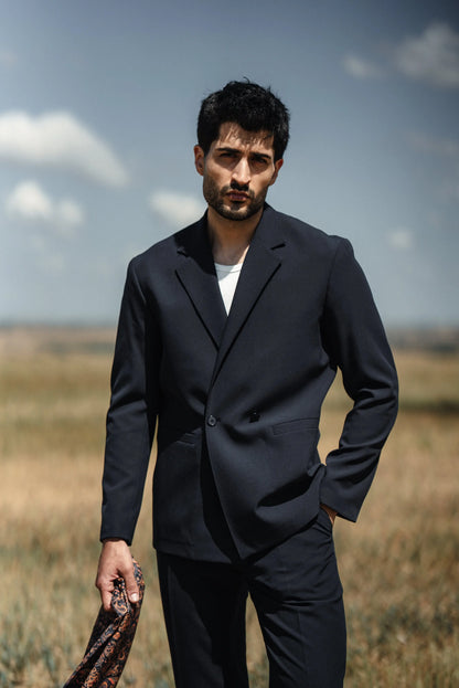 Cannes Navy Blue Lustrofin Blazer Suit - BRABION