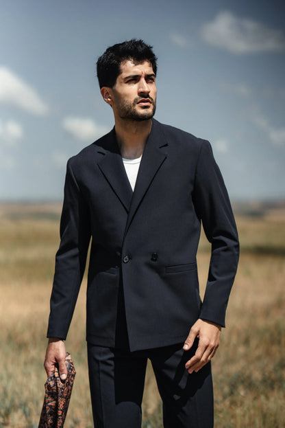Cannes Navy Blue Lustrofin Blazer Suit - BRABION