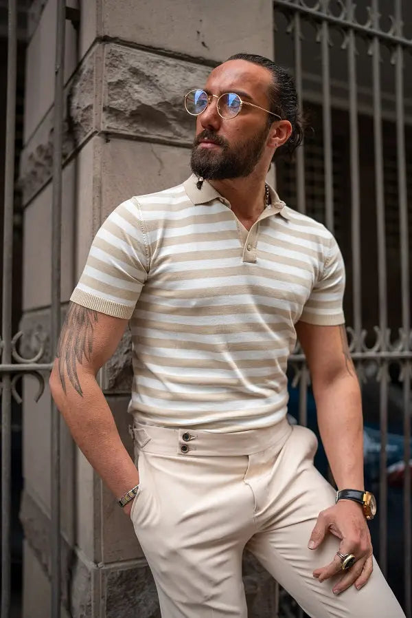 Brabion Sorento Beige Striped Polo Shirt - BRABION