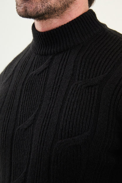 Black Cable-Knit High Neck Sweater - BRABION