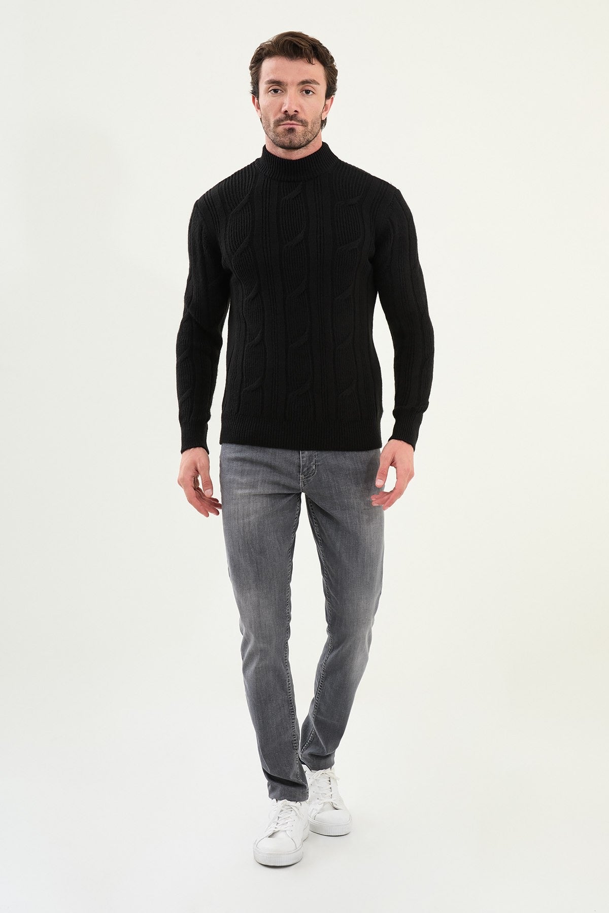 Black Cable-Knit High Neck Sweater - BRABION