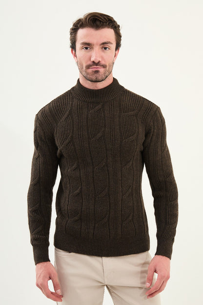 Dark Brown Cable-Knit High Neck Sweater - BRABION