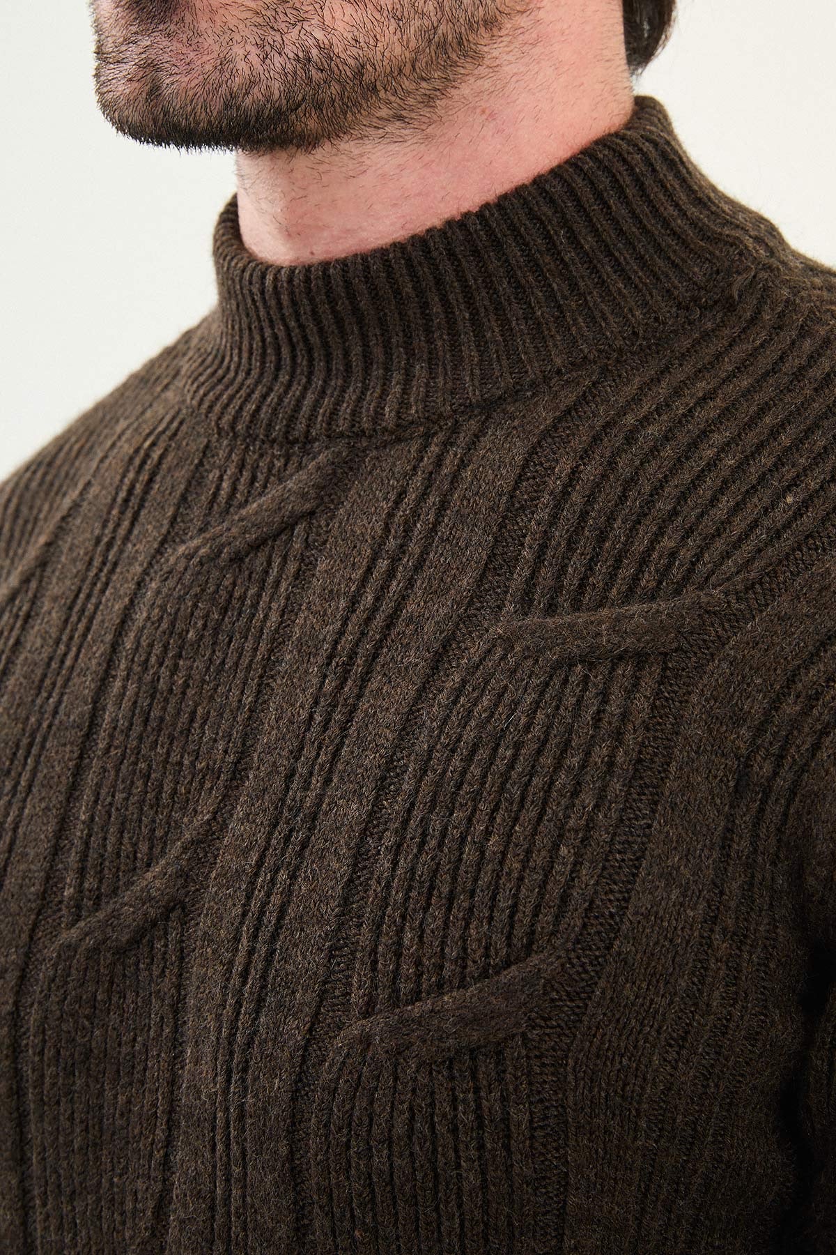 Dark Brown Cable-Knit High Neck Sweater - BRABION