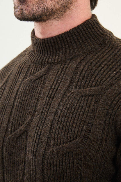 Dark Brown Cable-Knit High Neck Sweater - BRABION