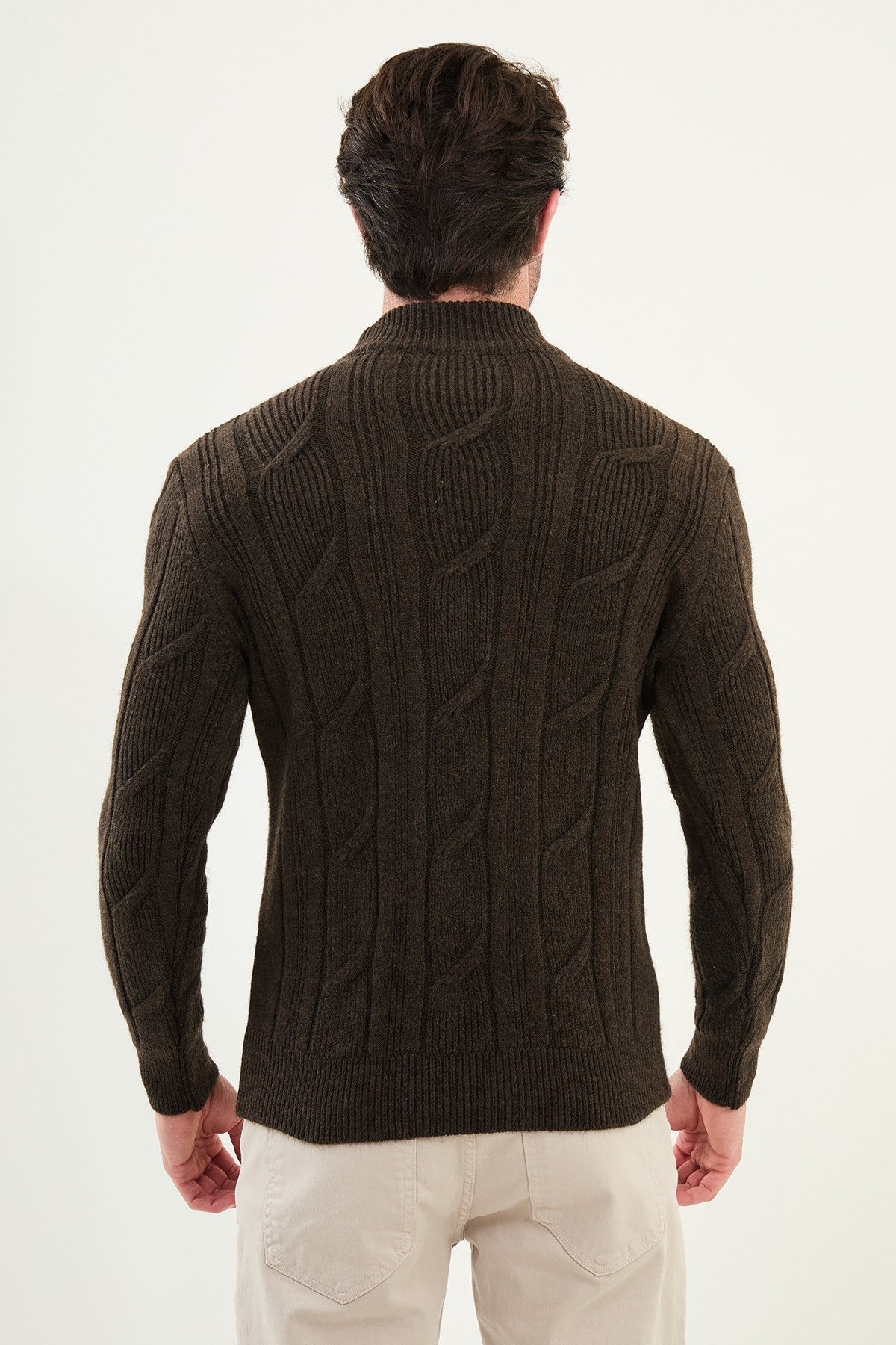 Dark Brown Cable-Knit High Neck Sweater - BRABION